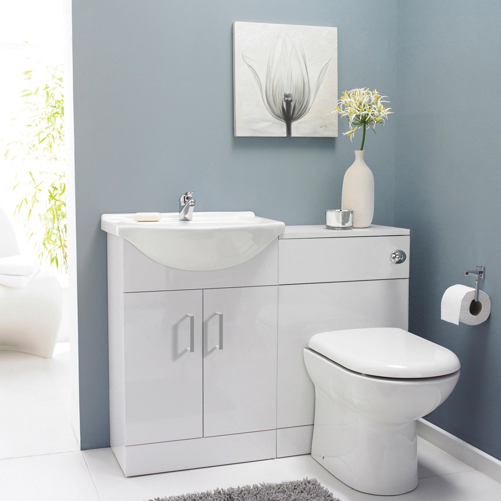 Bubly Bathrooms™ Saturn Gloss White 1050mm Vanity & WC Unit Set with Rimless Back-to-Wall Toilet, Basin & Chrome Tap