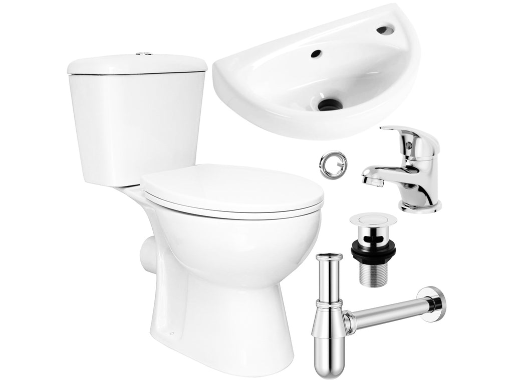 Complete Bathroom Cloakroom Suite Close Coupled Toilet Wall Hung Basin Sink & Tap Trap Set