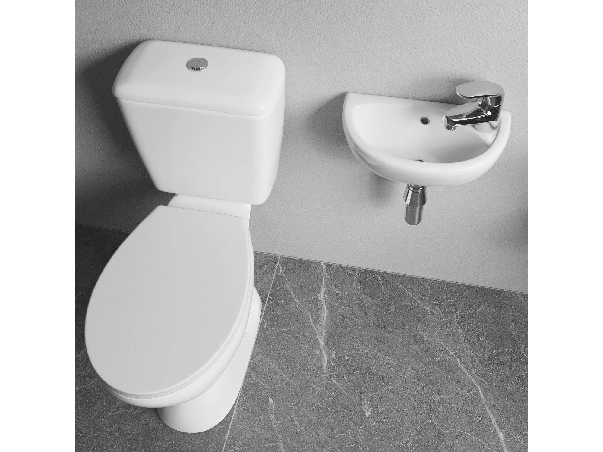 Complete Bathroom Cloakroom Suite Close Coupled Toilet Wall Hung Basin Sink & Tap Trap Set