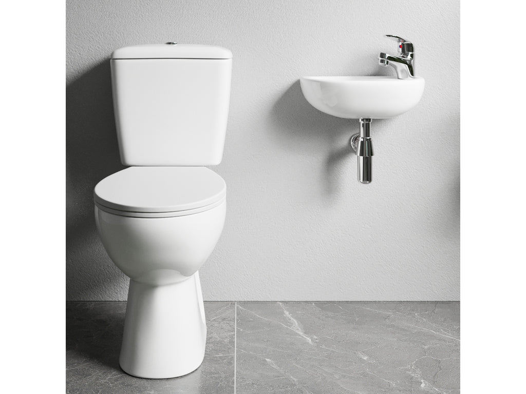 Complete Bathroom Cloakroom Suite Close Coupled Toilet Wall Hung Basin Sink & Tap Trap Set