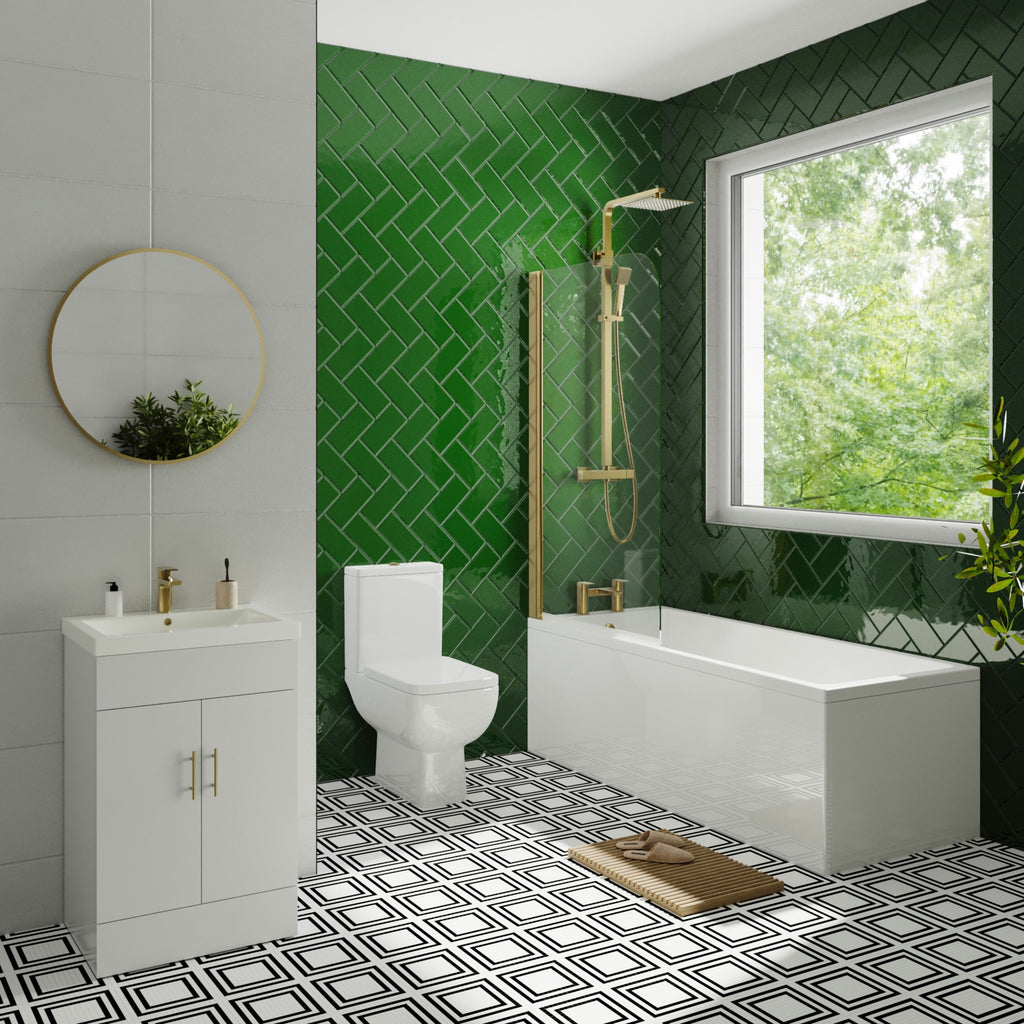Complete Brushed Brass Bathroom Suite 1700mm Modern Furniture Screen Shower Taps