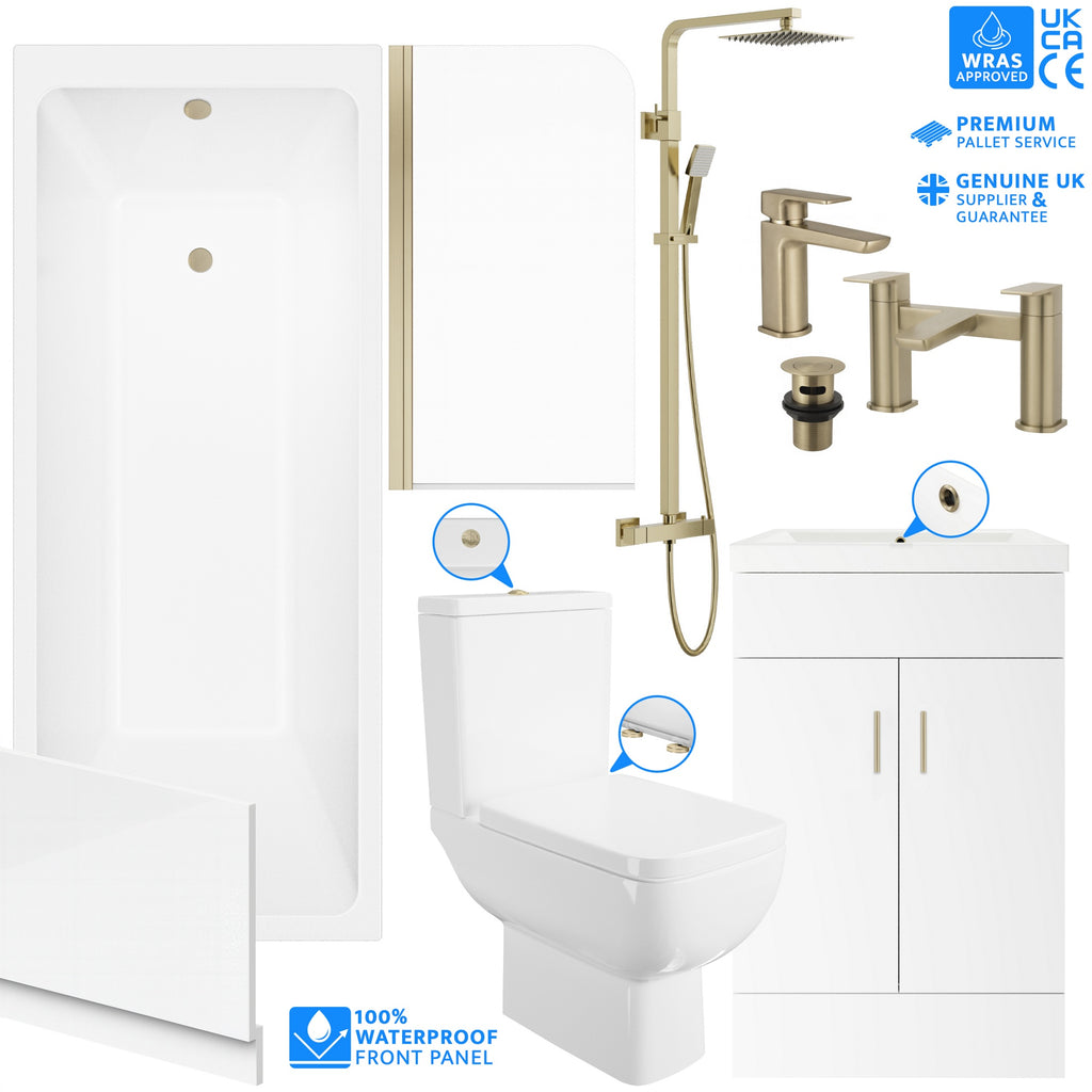 Complete Brushed Brass Bathroom Suite 1700mm Modern Furniture Screen Shower Taps