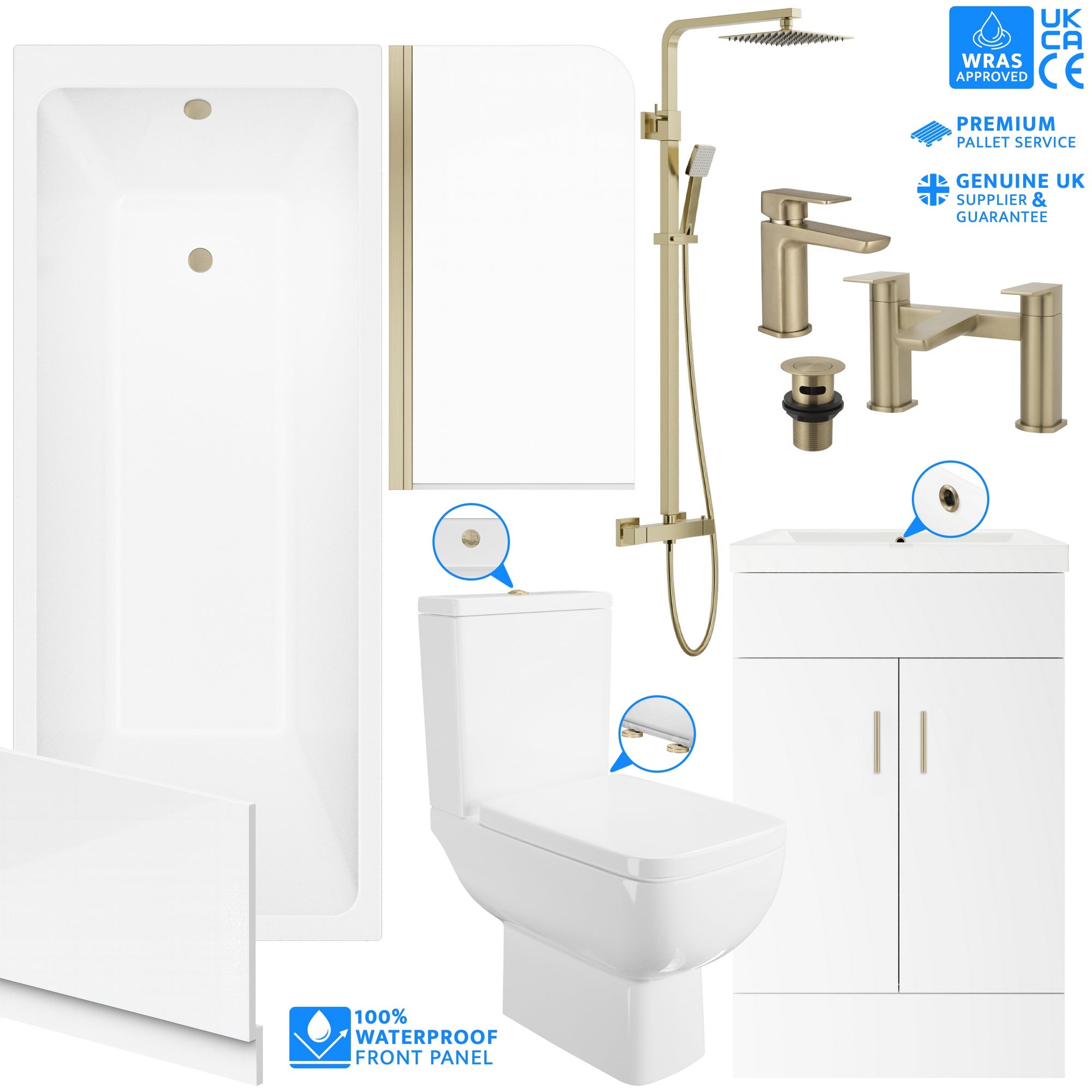 Complete Brushed Brass Bathroom Suite 1700mm Modern Furniture Screen Shower Taps