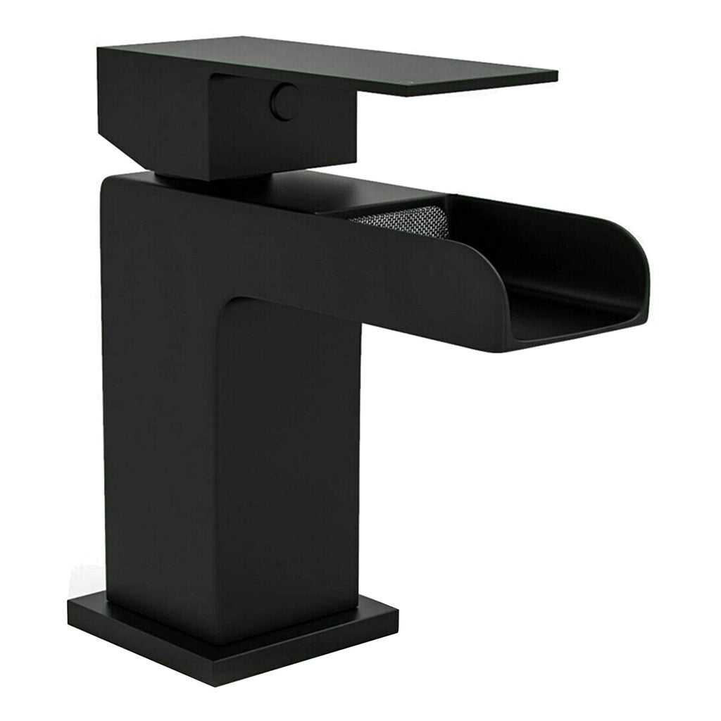 Matt Black Square Waterfall Basin Mixer Tap - Solid Brass Deck Mounted