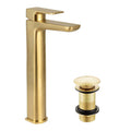 Modern Curve Brushed Brass Basin Tall Mono Mixer Tap with Full Cover Unslotted Waste