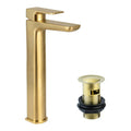 Modern Curve Brushed Brass Basin Tall Mono Mixer Tap With Click Clack Slotted Waste