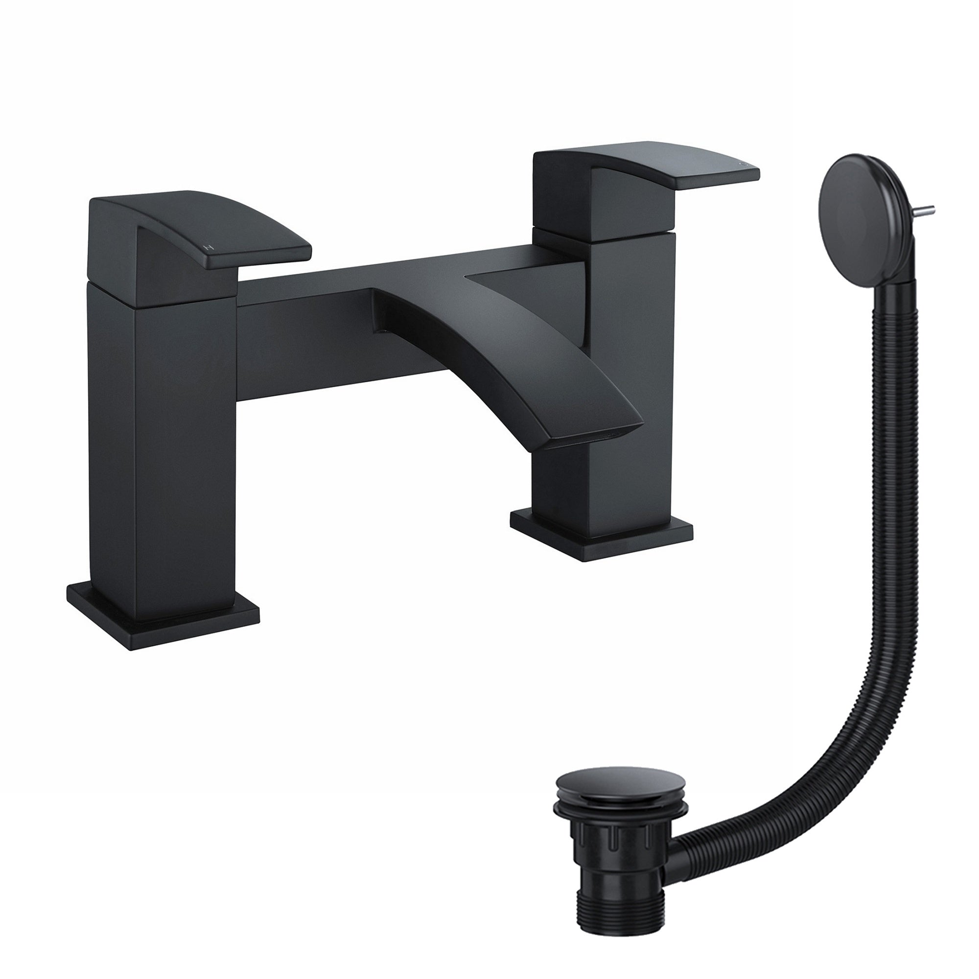 Matt Black Waterfall Bath Filler Mixer Tap Twin Lever Handles with Bath Waste - Bath Mounted