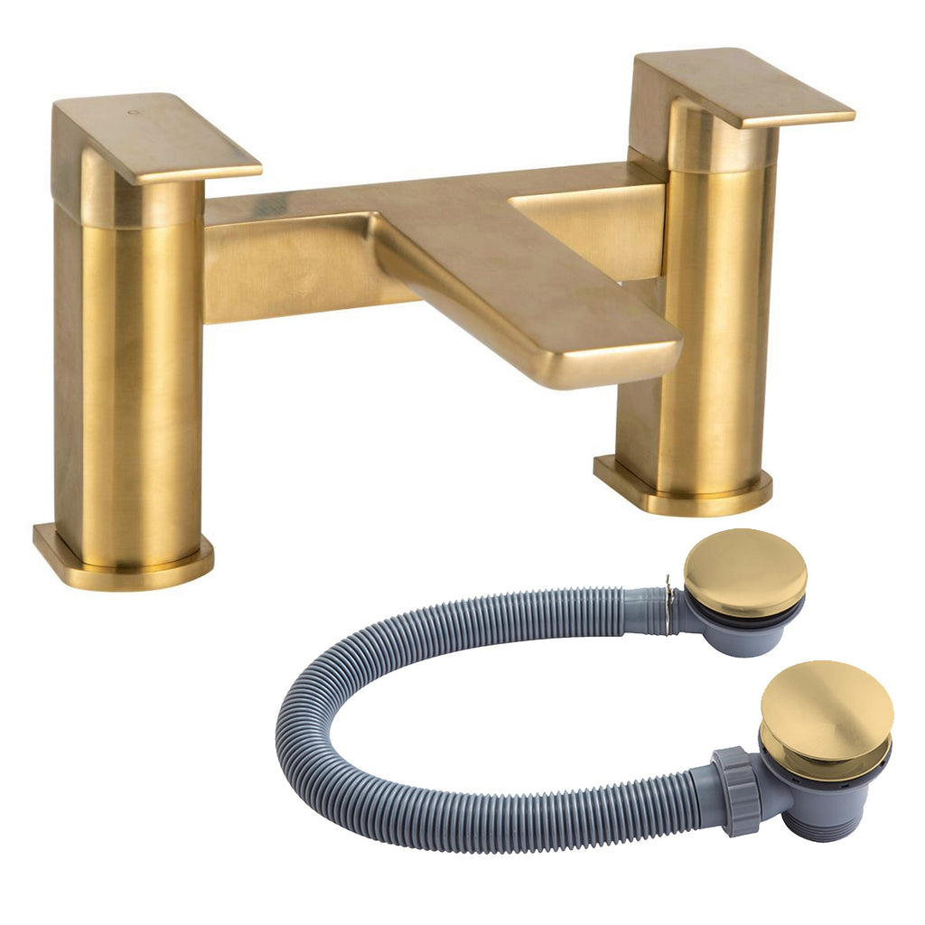 Brushed Brass Curve Modern Bath Filler Mixer Tap with Bath Waste - Bath Mounted
