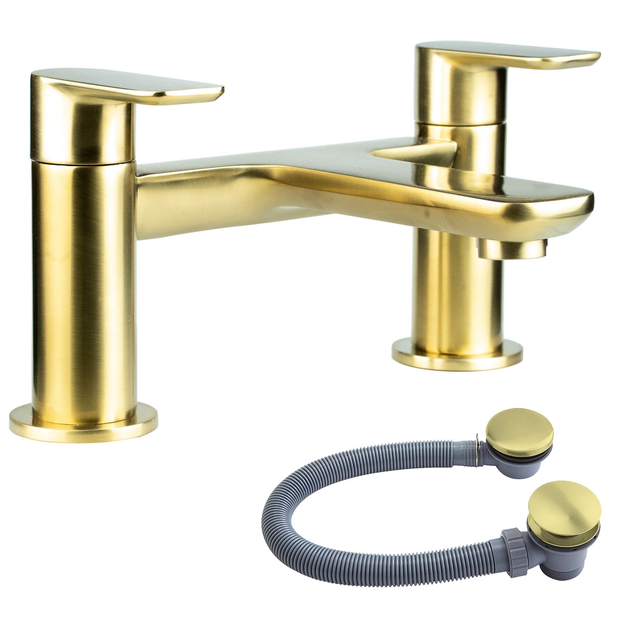 Luxury Brushed Brass Bath Filler Tap Dual Lever with Bath Waste - Bath Mounted