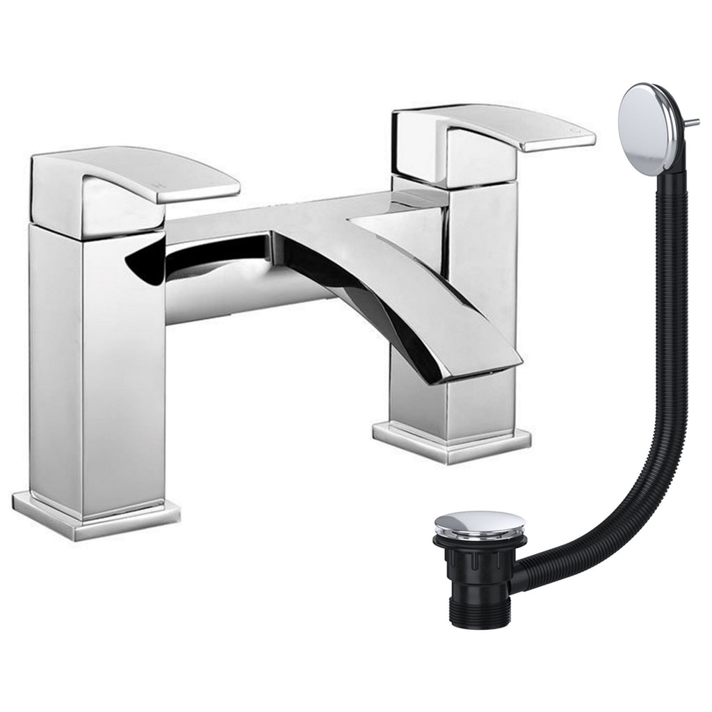 Modern Chrome Square Waterfall Bath Filler Mixer Tap with Bath Waste - Bath Mounted