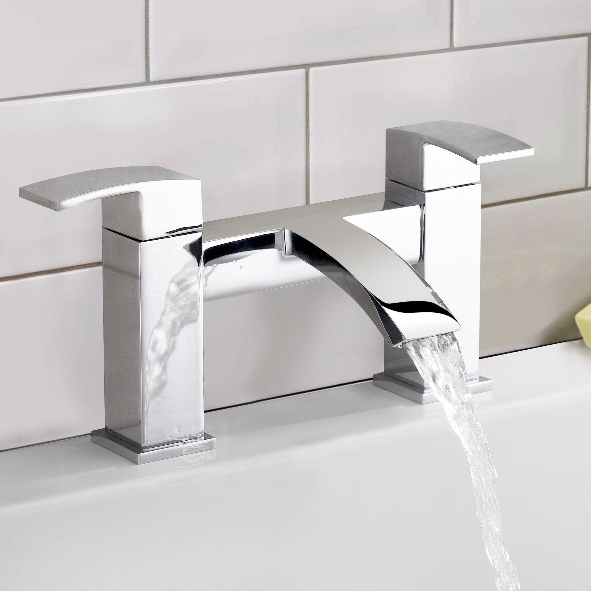 Modern Chrome Square Waterfall Bath Filler Mixer Tap with Bath Waste - Bath Mounted