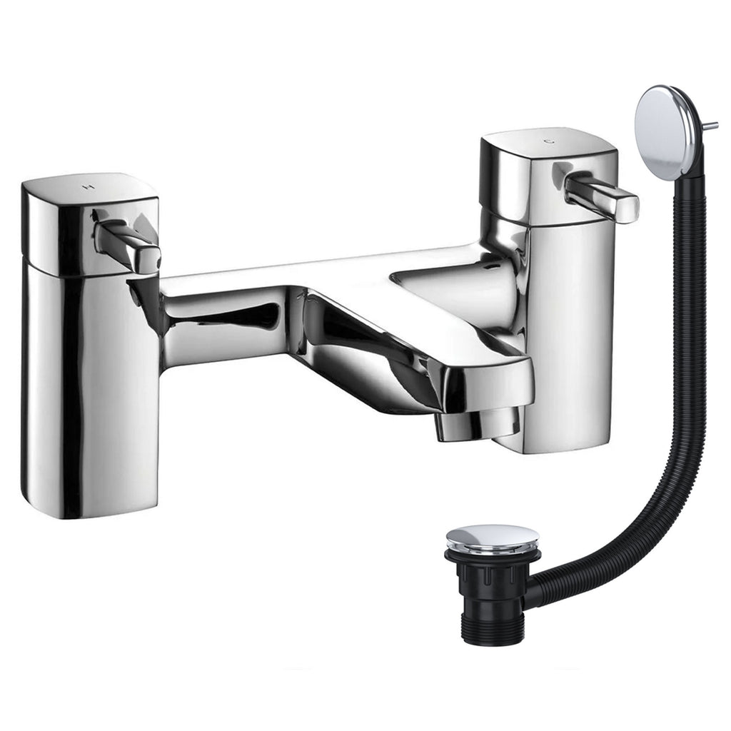 Chrome Square Bath Filler Mixer Tap with Matching Chrome Waste - Bath Mounted