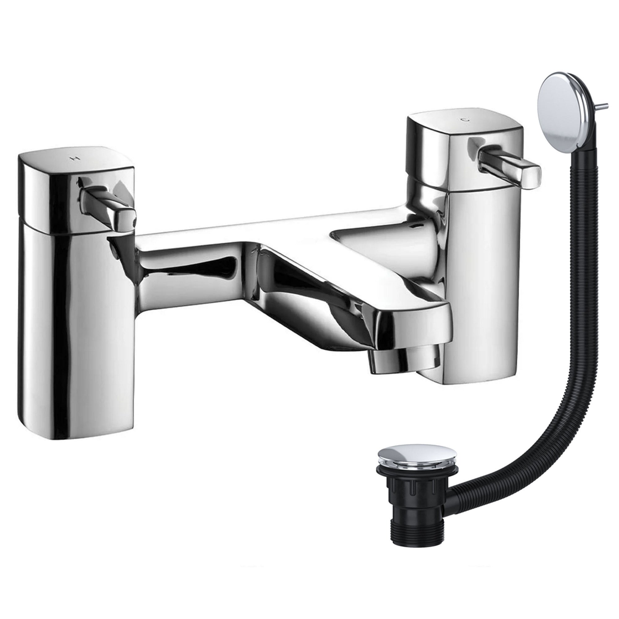 Chrome Square Bath Filler Mixer Tap with Matching Chrome Waste - Bath Mounted