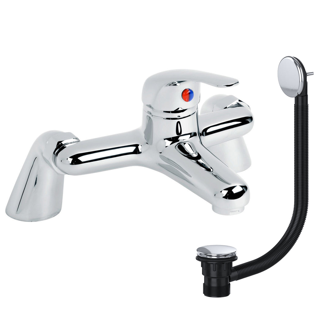 Chrome Bathroom Bath Filler Mixer Tap with Matching Chrome Waste - Bath Mounted