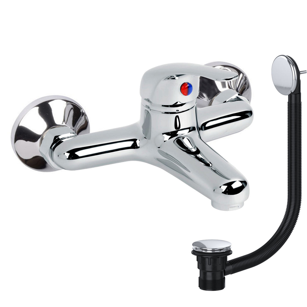 Chrome Bathroom Bath Filler Mixer Tap with Matching Chrome Waste - Wall Mounted