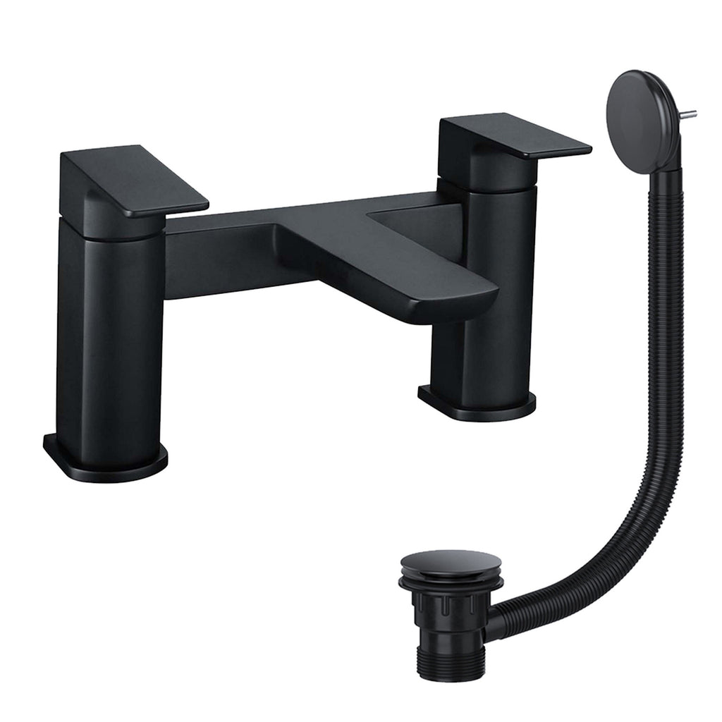 Modern Matt Black Curved Bath Filler Tap with Matching Bath Waste - Bath Mounted