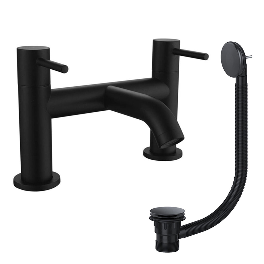 Modern Matt Black Bath Filler Round Peg Lever Style with Matching Bath Waste - Bath Mounted