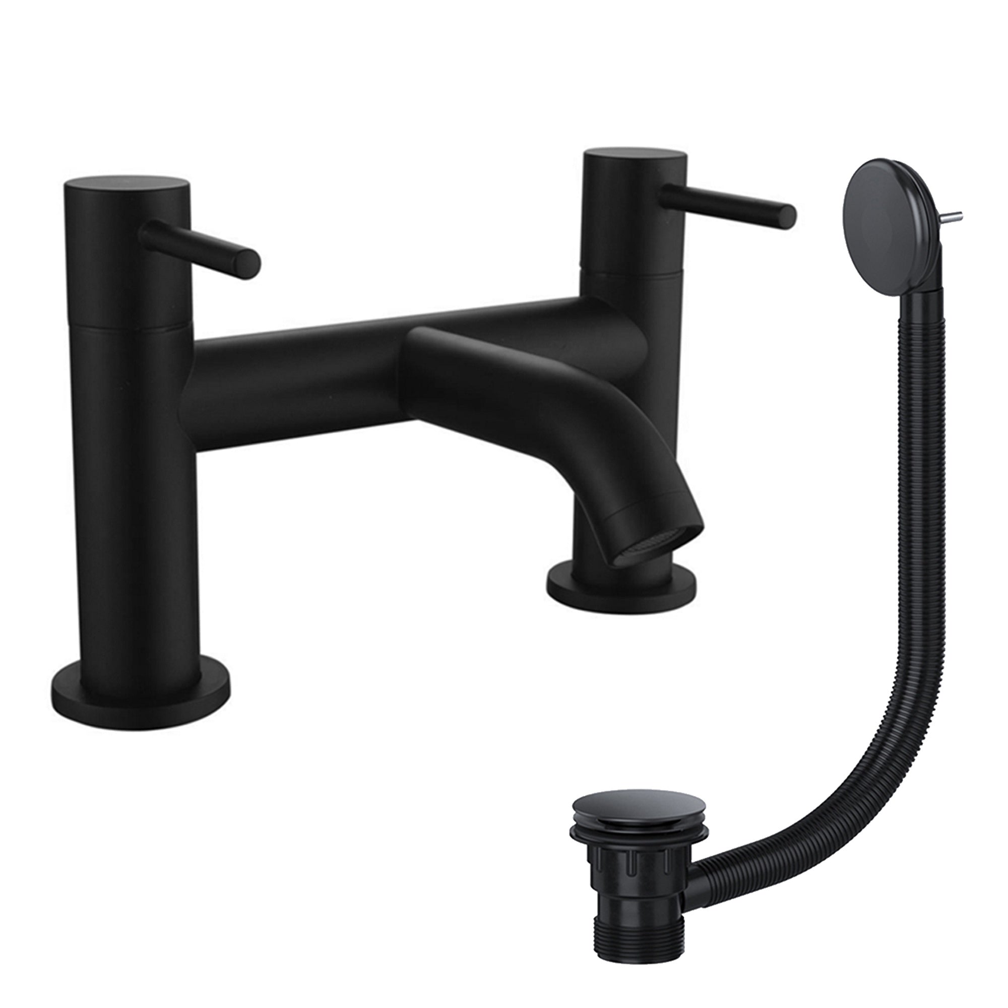 Modern Matt Black Bath Filler Round Peg Lever Style with Matching Bath Waste - Bath Mounted