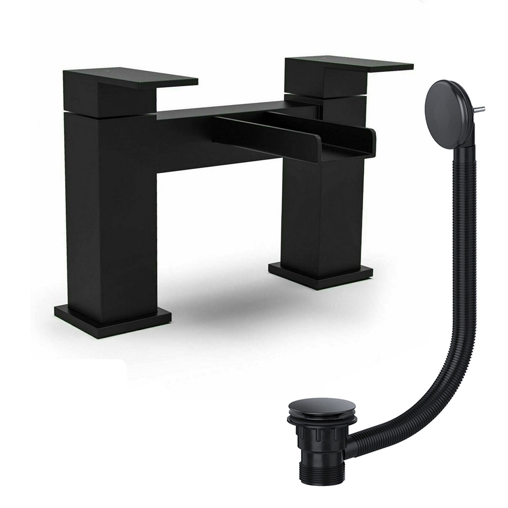 Matt Black Waterfall Bath Filler Mixer Tap Open Spout with Bath Waste - Bath Mounted