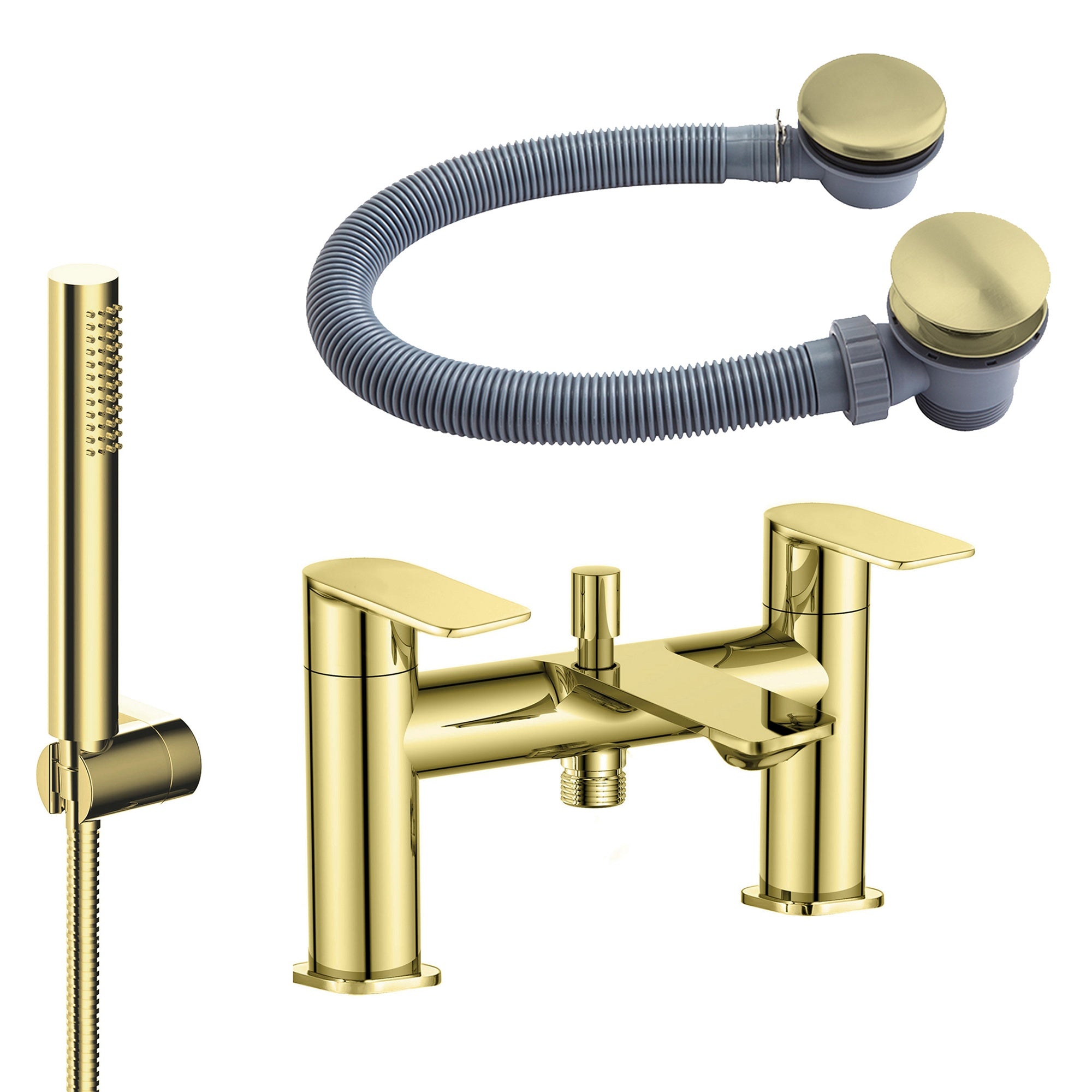 Modern Brushed Brass Blade Bath Shower Mixer Tap with Bath Waste - Solid Brass Bath Mounted