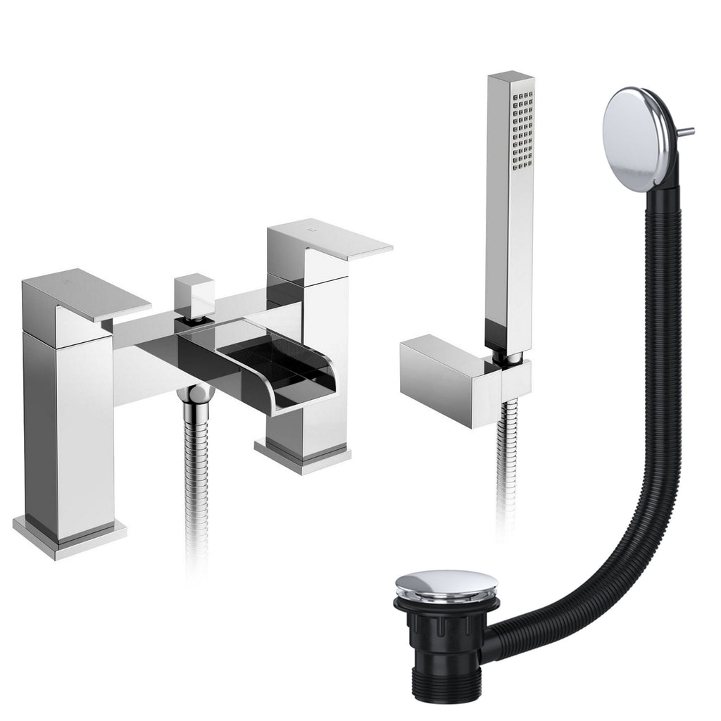 Chrome Square Waterfall Bath Shower Mixer Tap Open Spout with Chrome Bath Waste - Bath Mounted