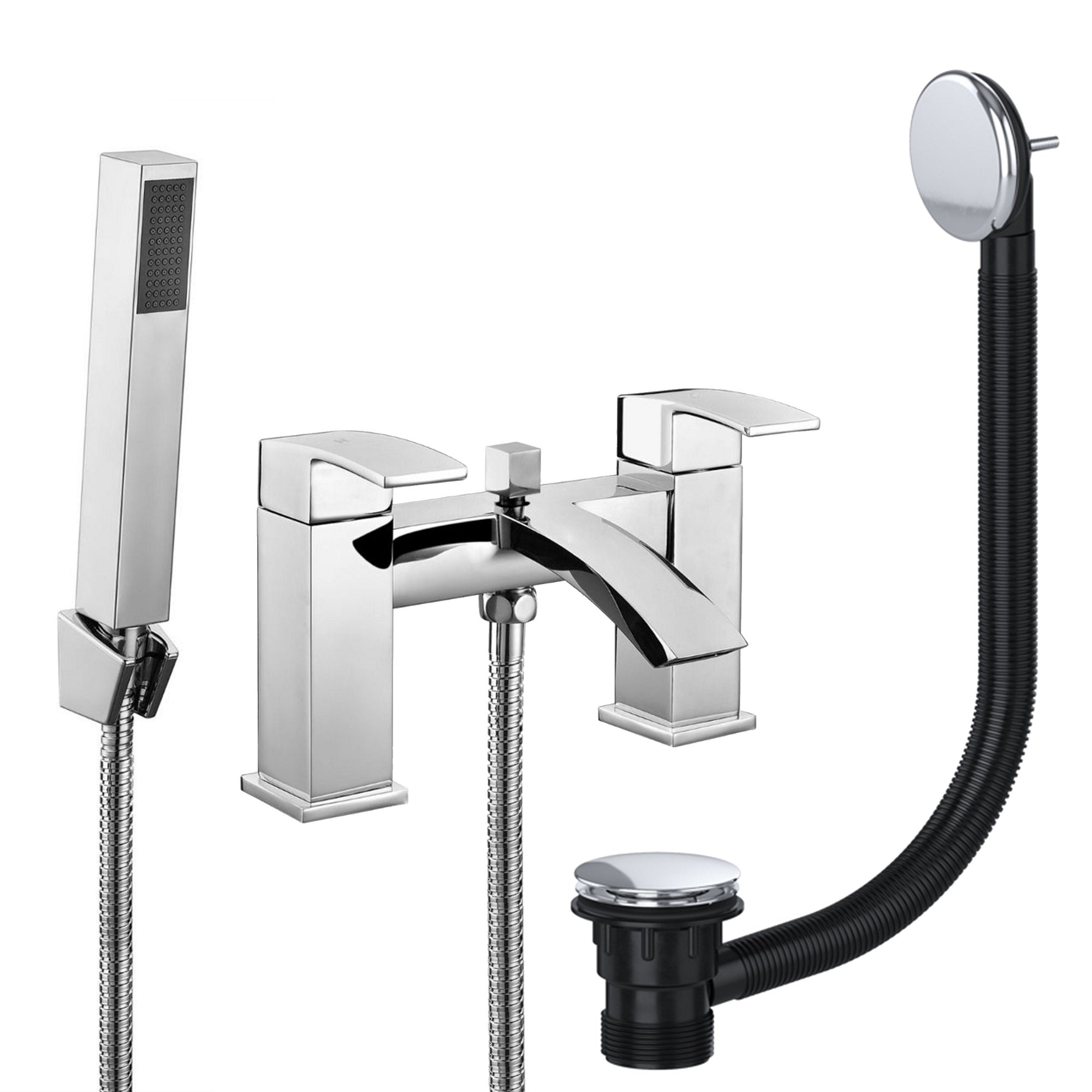 Chrome Square Waterfall Bath Shower Mixer Tap with Chrome Bath Waste - Bath Mounted