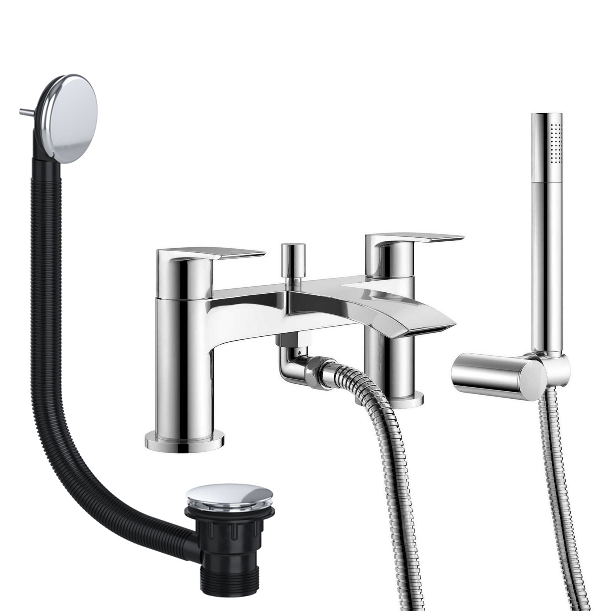 Chrome Sleek Waterfall Bath Shower Mixer Tap with Handset and Matching Chrome Waste - Bath Mounted