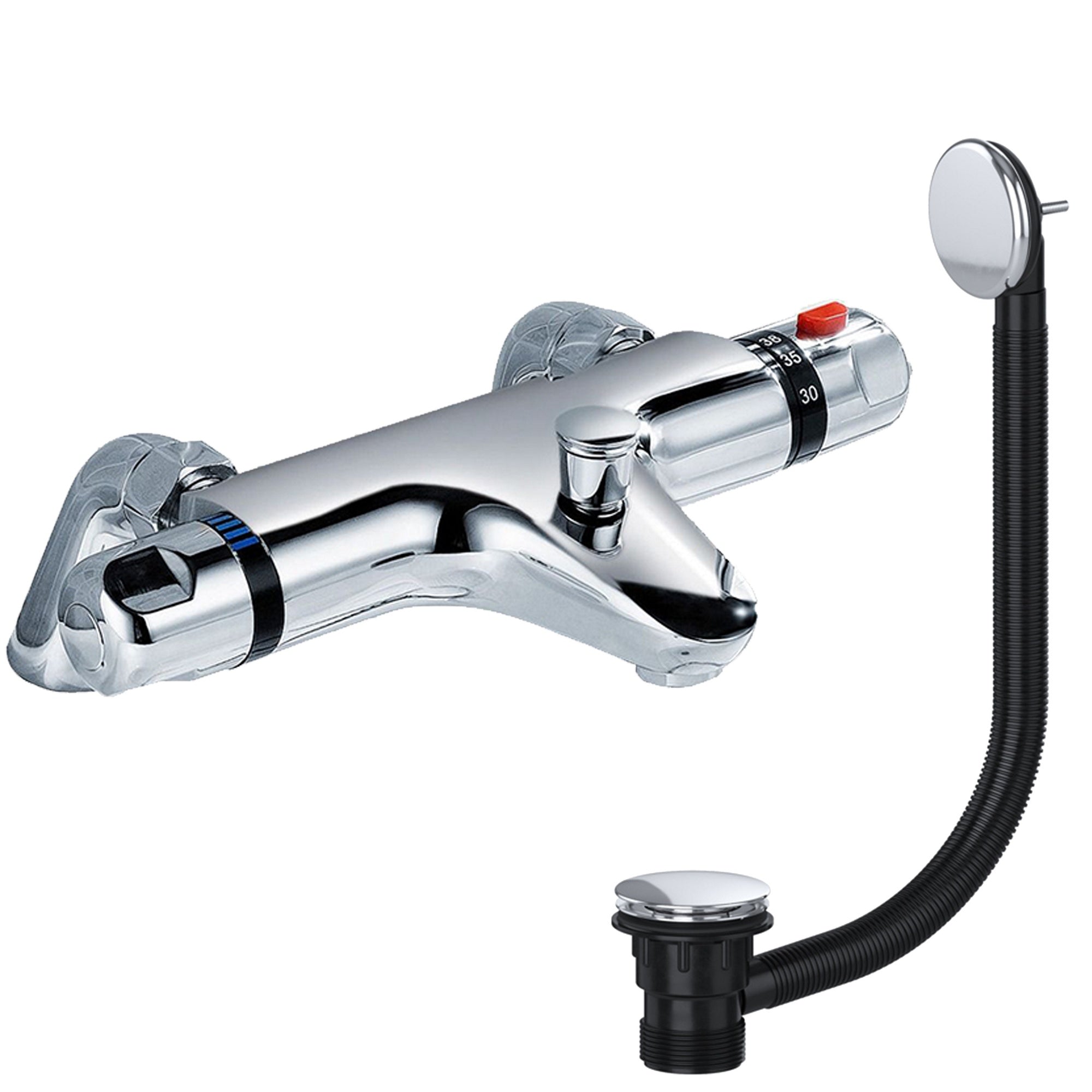 Chrome Thermostatic Deck Mounted Bath Shower Mixer Tap with Matching Bath Waste - Bath Mounted