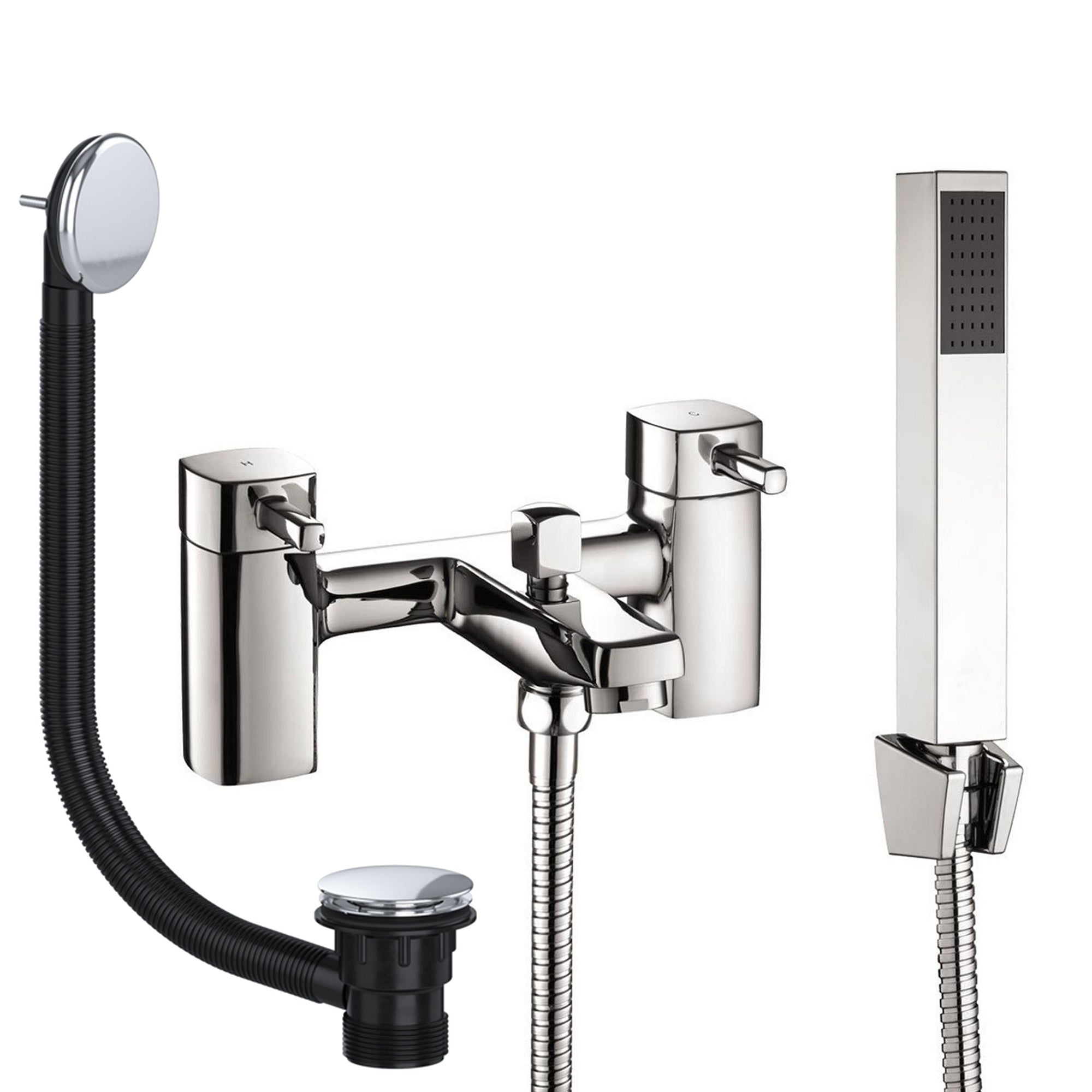 Square Chrome Peg Bath Shower Mixer Bathroom Tap with Handset and Matching Waste - Bath Mounted