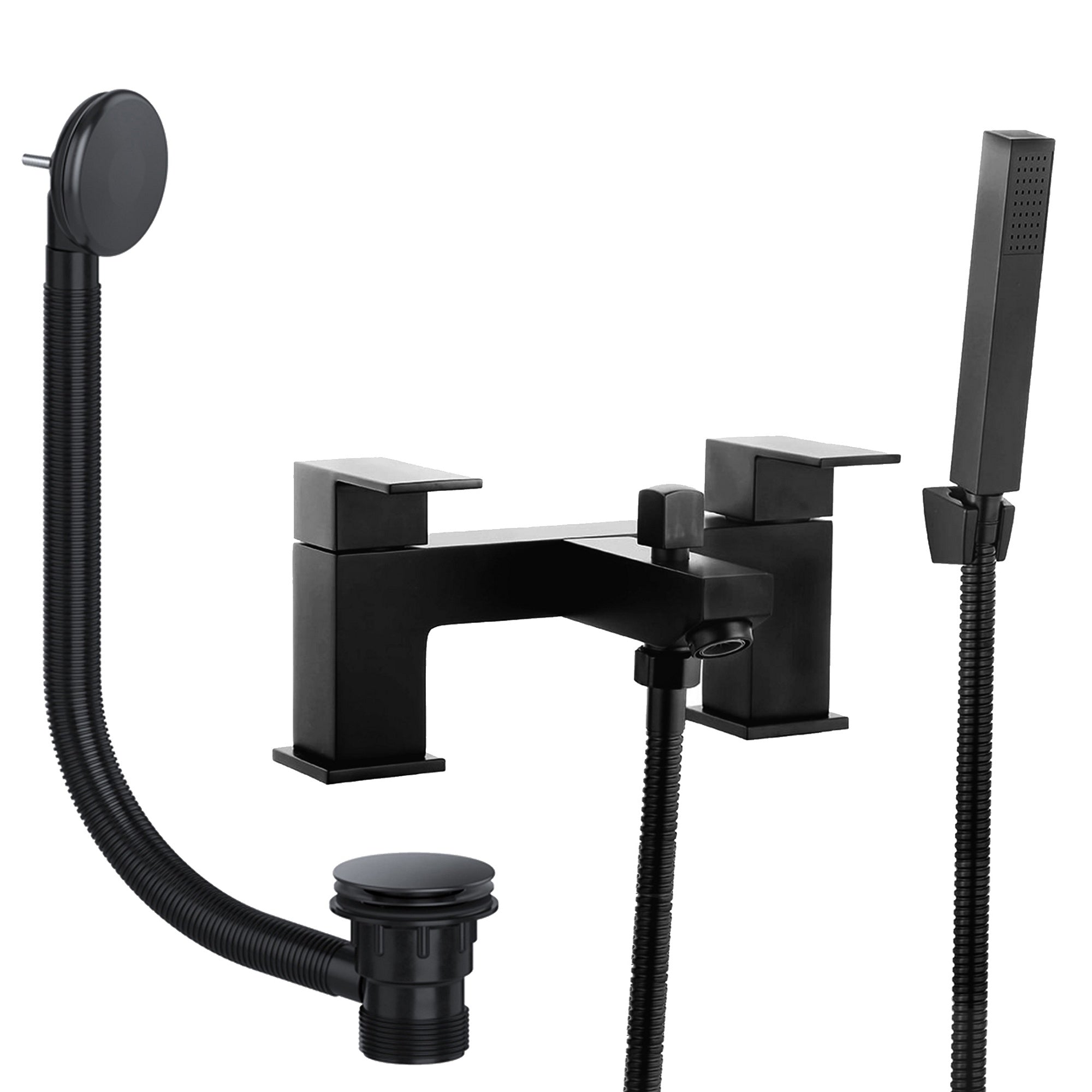 Modern Matt Black Bath Shower Mixer Tap with Handset and Matching Waste - Bath Mounted