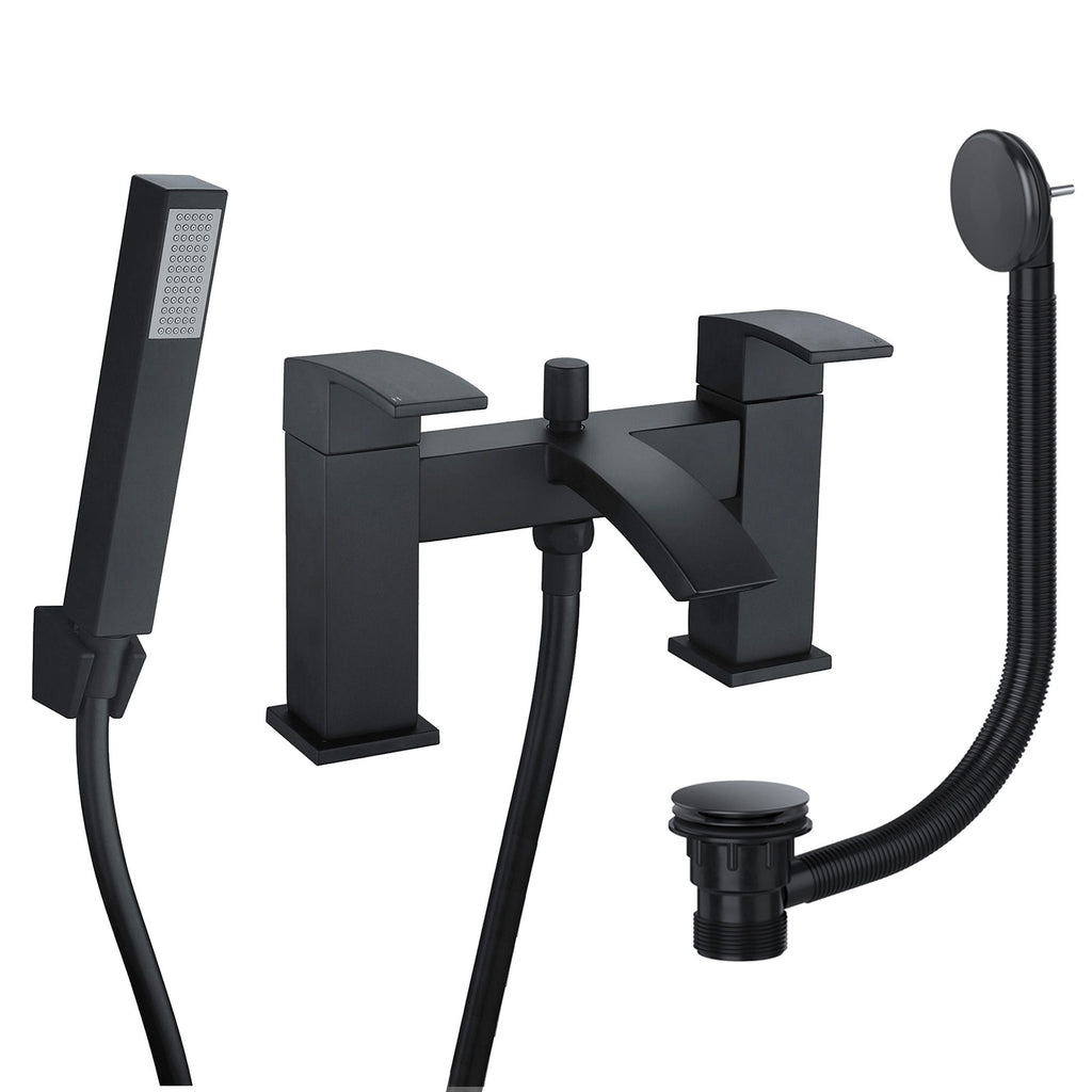 Modern Matt Black Waterfall Bathroom Bath Shower Mixer Tap with Handset and Matching Waste - Bath Mounted