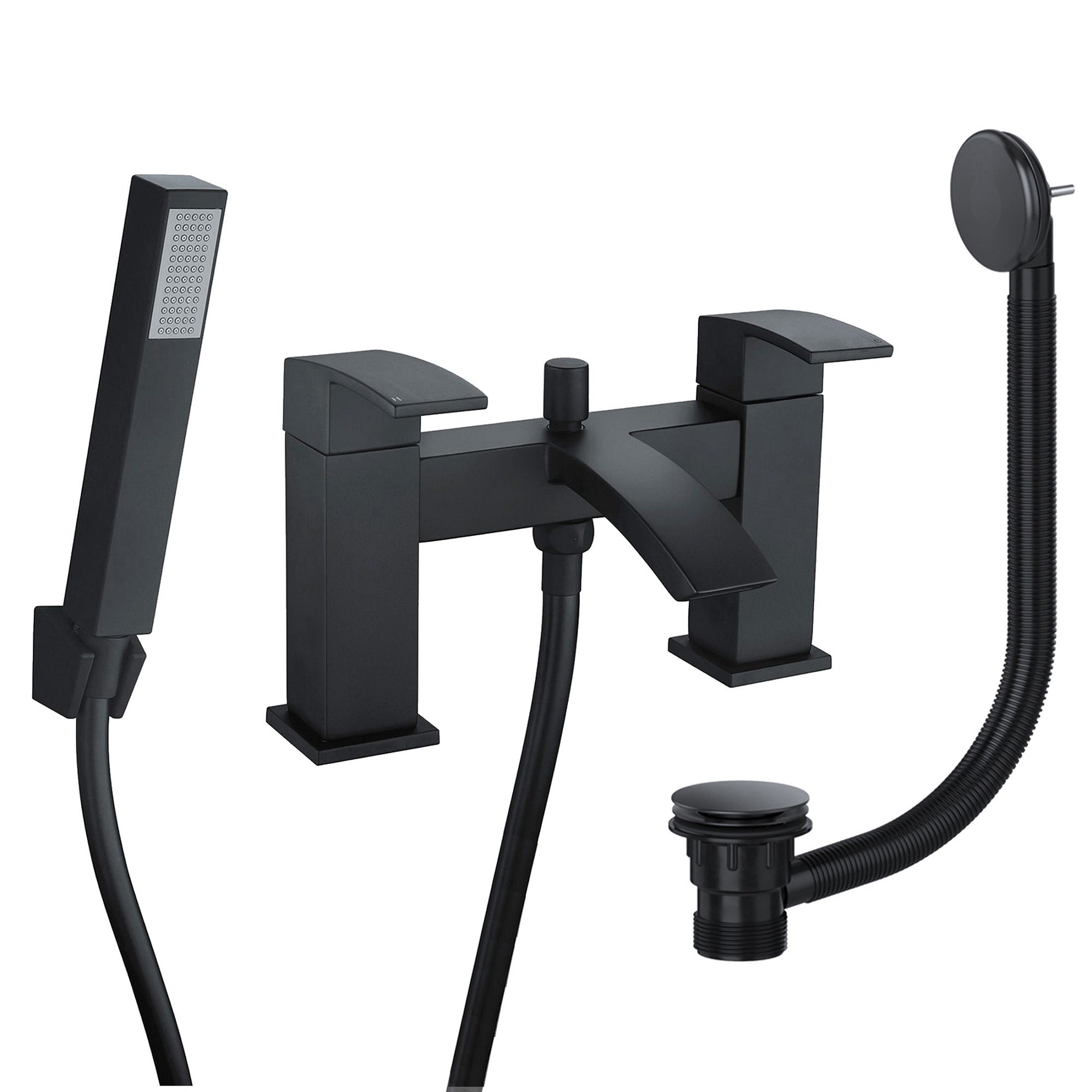 Modern Matt Black Waterfall Bathroom Bath Shower Mixer Tap with Handset and Matching Waste - Bath Mounted