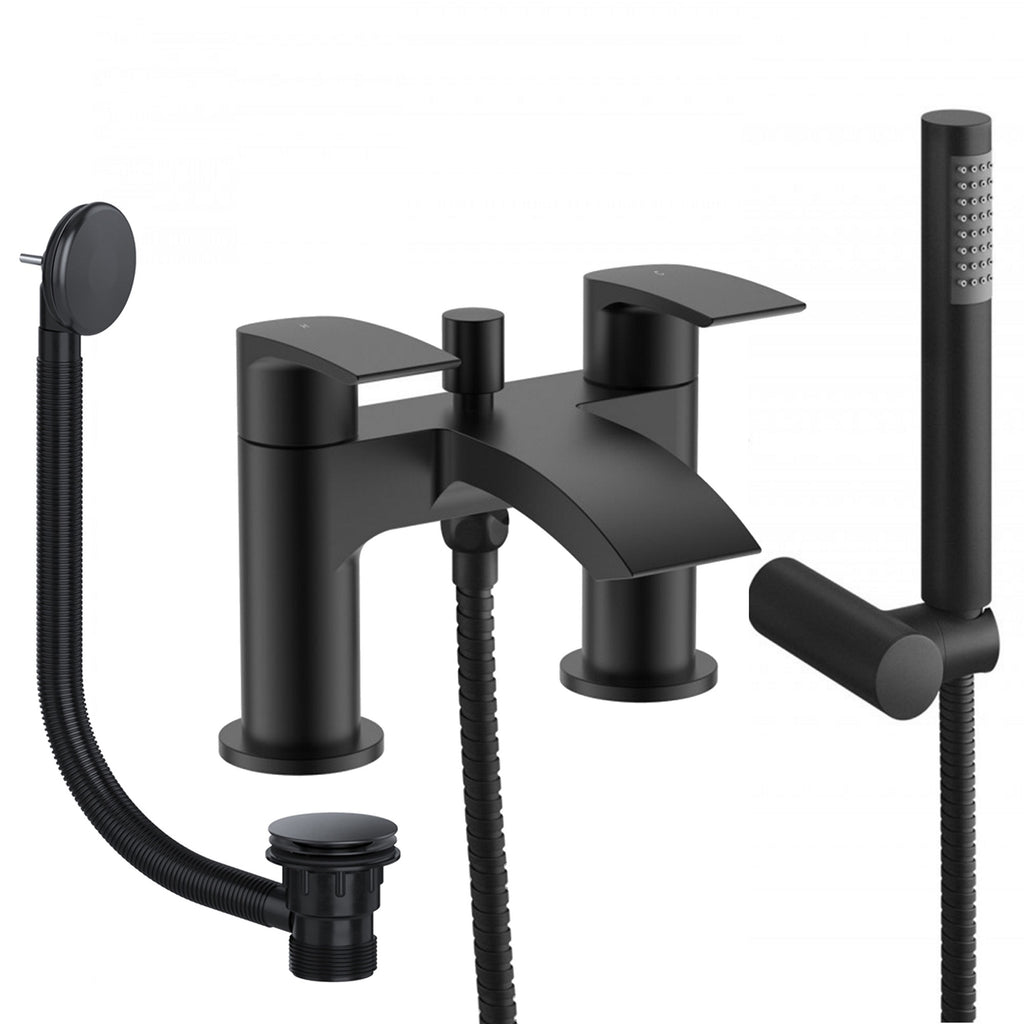 Sleek Matt Black Waterfall Bath Shower Mixer Tap with Handset and Matching Waste - Bath Mounted