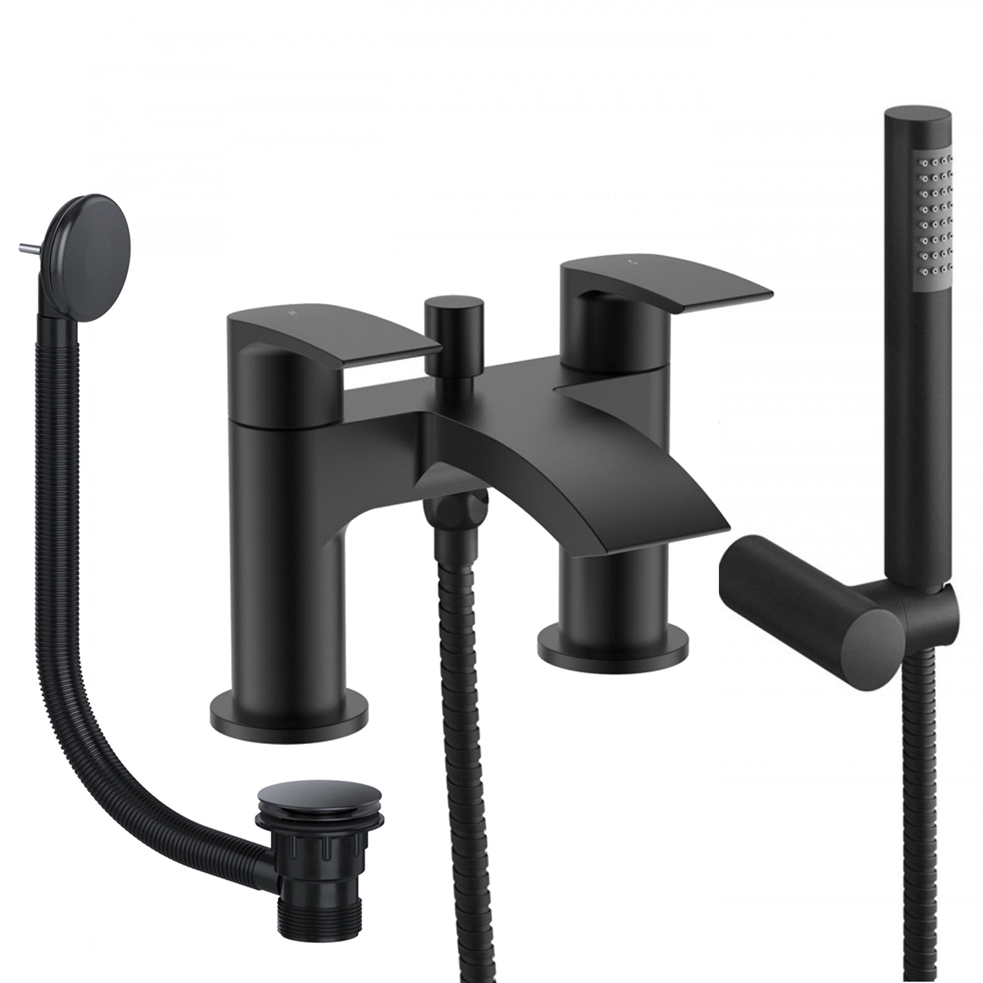 Sleek Matt Black Waterfall Bath Shower Mixer Tap with Handset and Matching Waste - Bath Mounted