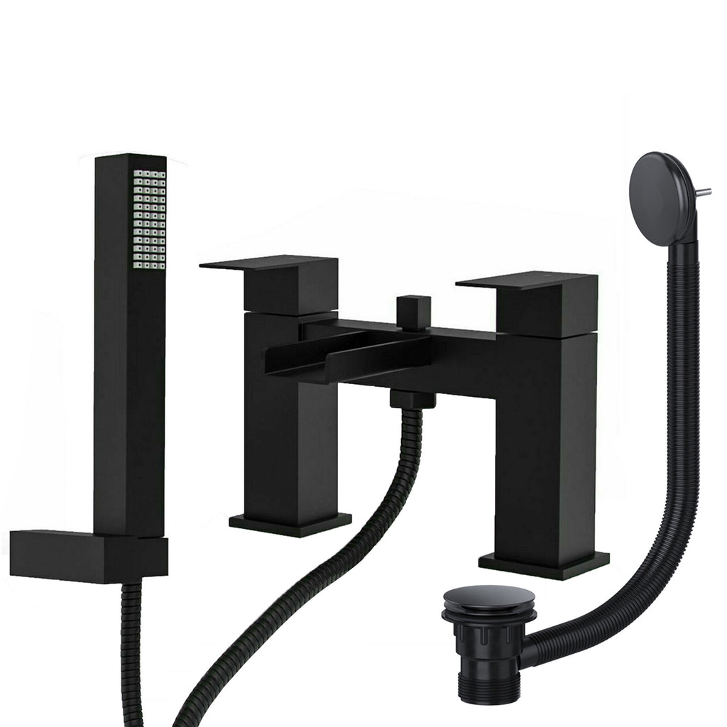 Modern Square Matt Black Waterfall Bath Shower Mixer Tap Including Handset and Matching Waste - Bath Mounted