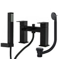 Modern Square Matt Black Waterfall Bath Shower Mixer Tap Including Handset and Matching Waste - Bath Mounted