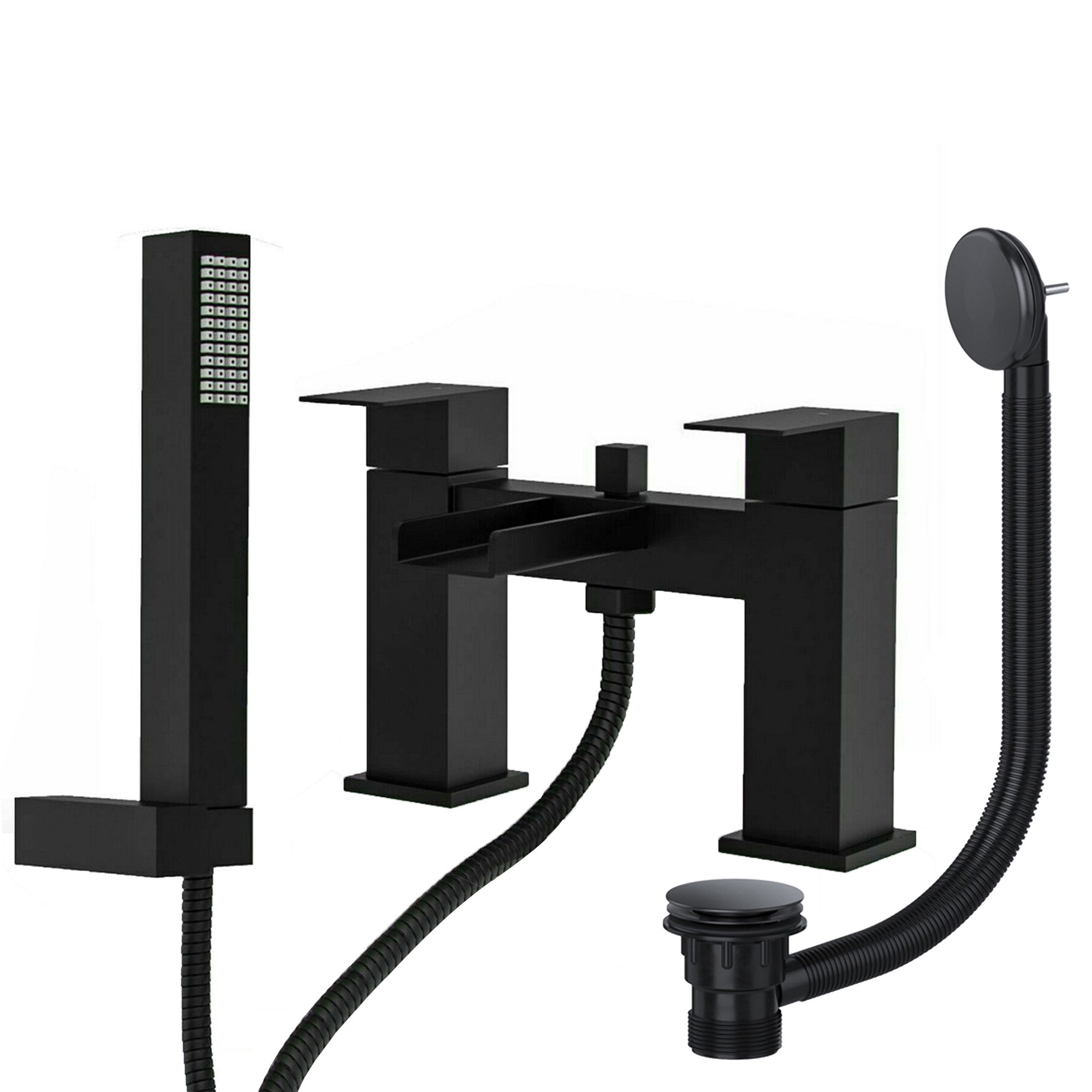 Modern Square Matt Black Waterfall Bath Shower Mixer Tap Including Handset and Matching Waste - Bath Mounted