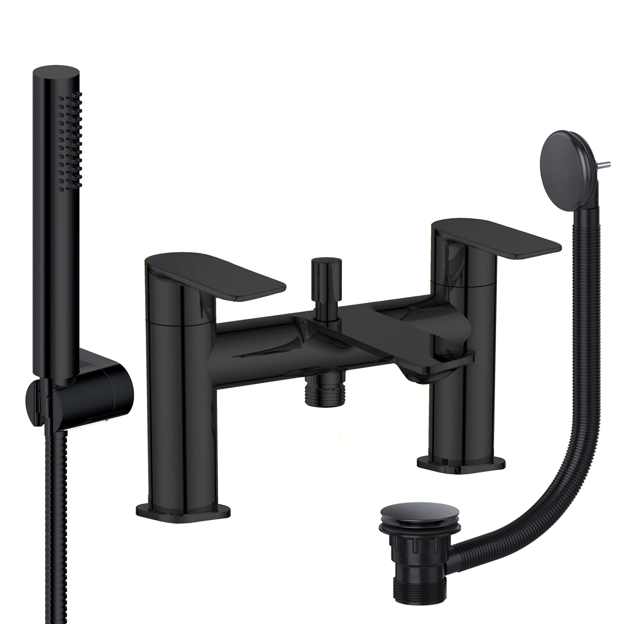 Modern Matt Black Blade Bath Shower Mixer Tap with Bath Waste - Solid Brass Bath Mounted