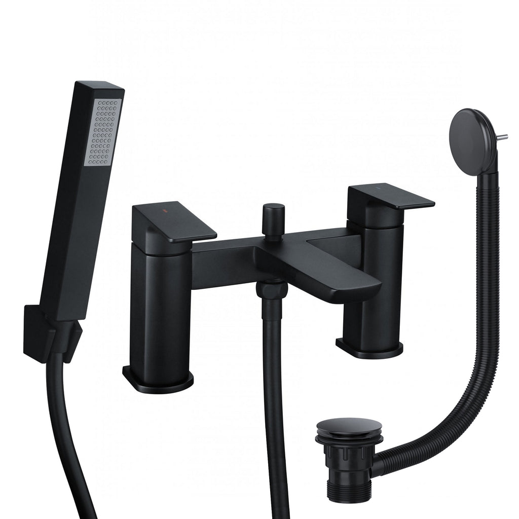Modern Matt Black Curve Bath Shower Mixer Tap with Handset and Bath Waste - Solid Brass Bath Mounted
