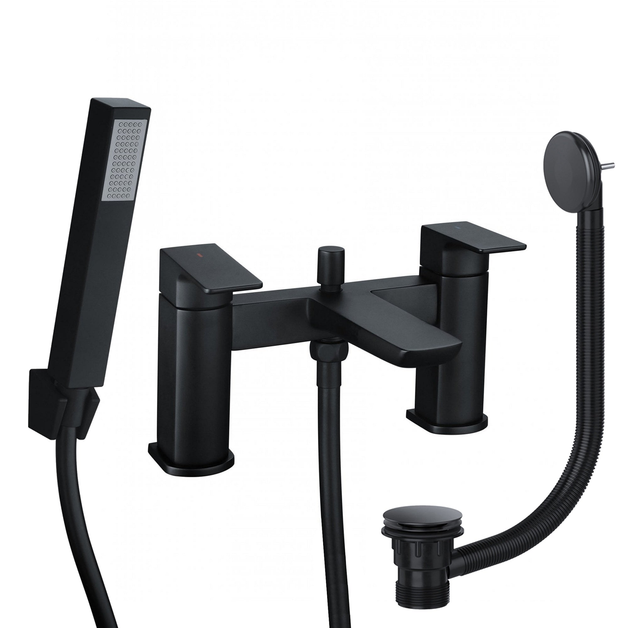 Modern Matt Black Curve Bath Shower Mixer Tap with Handset and Bath Waste - Solid Brass Bath Mounted