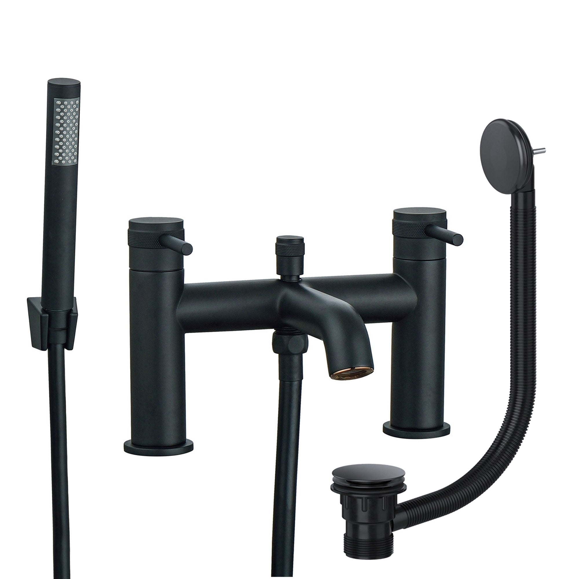 Round Matt Black Peg Style Bathroom Bath Shower Mixer Tap with Handset and Bath Waste - Bath Mounted