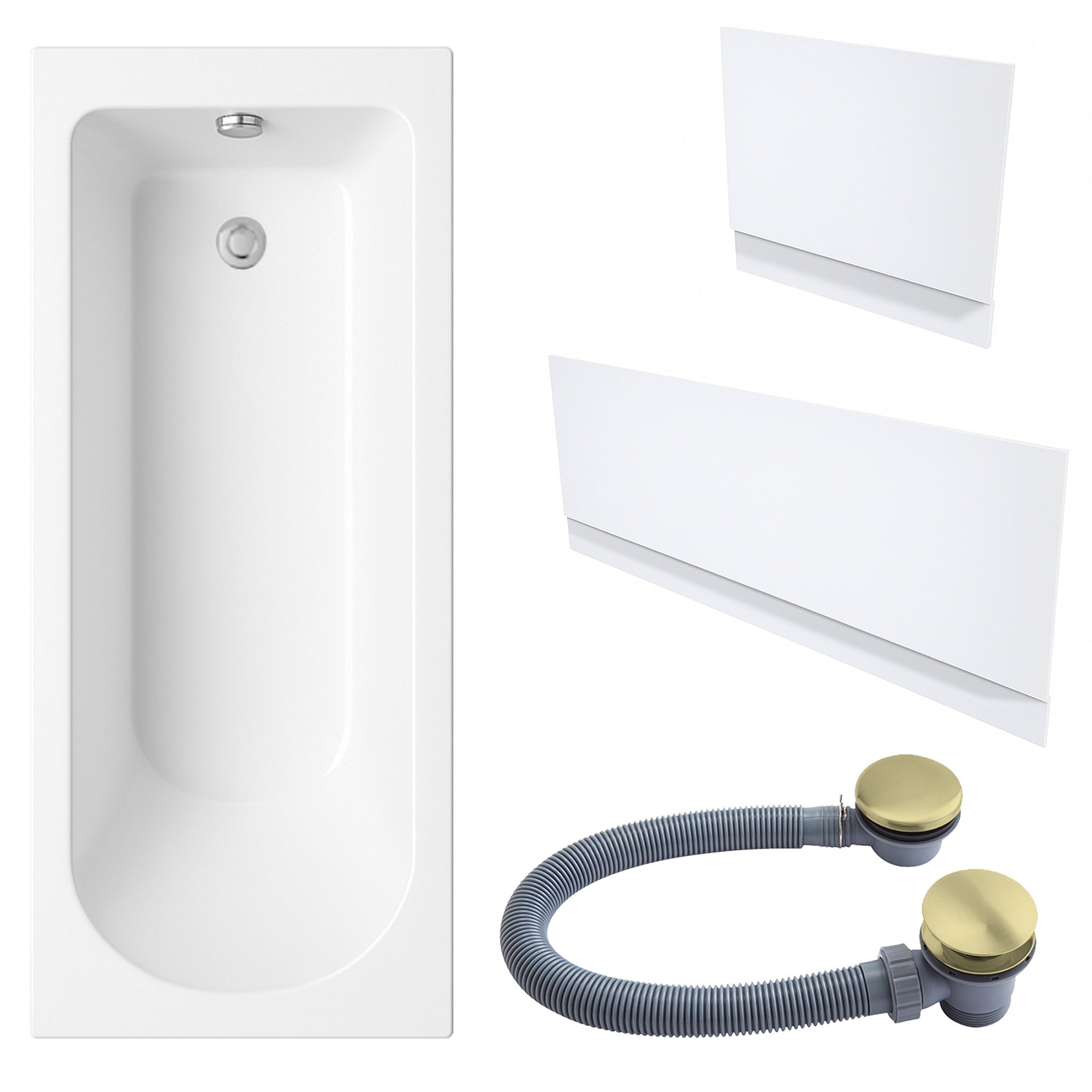 White Single-Ended Bath 1700 x 700 with Waterproof Panel Set and Brushed Brass Waste