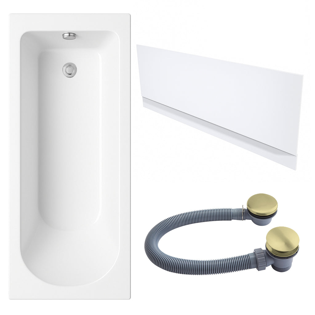 White Single-Ended Bath 1700 x 700 with Front Waterproof Panel and Brushed Brass Waste