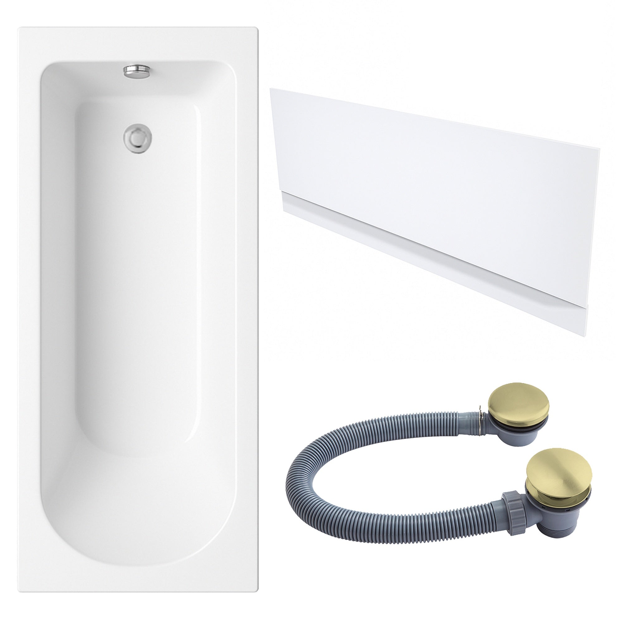 White Single-Ended Bath 1700 x 700 with Front Waterproof Panel and Brushed Brass Waste