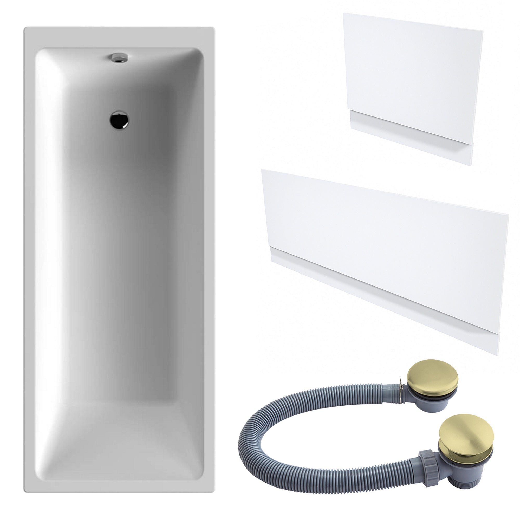 White Single-Ended Bath 1700 x 700 with Waterproof Panel Set and Brushed Brass Waste