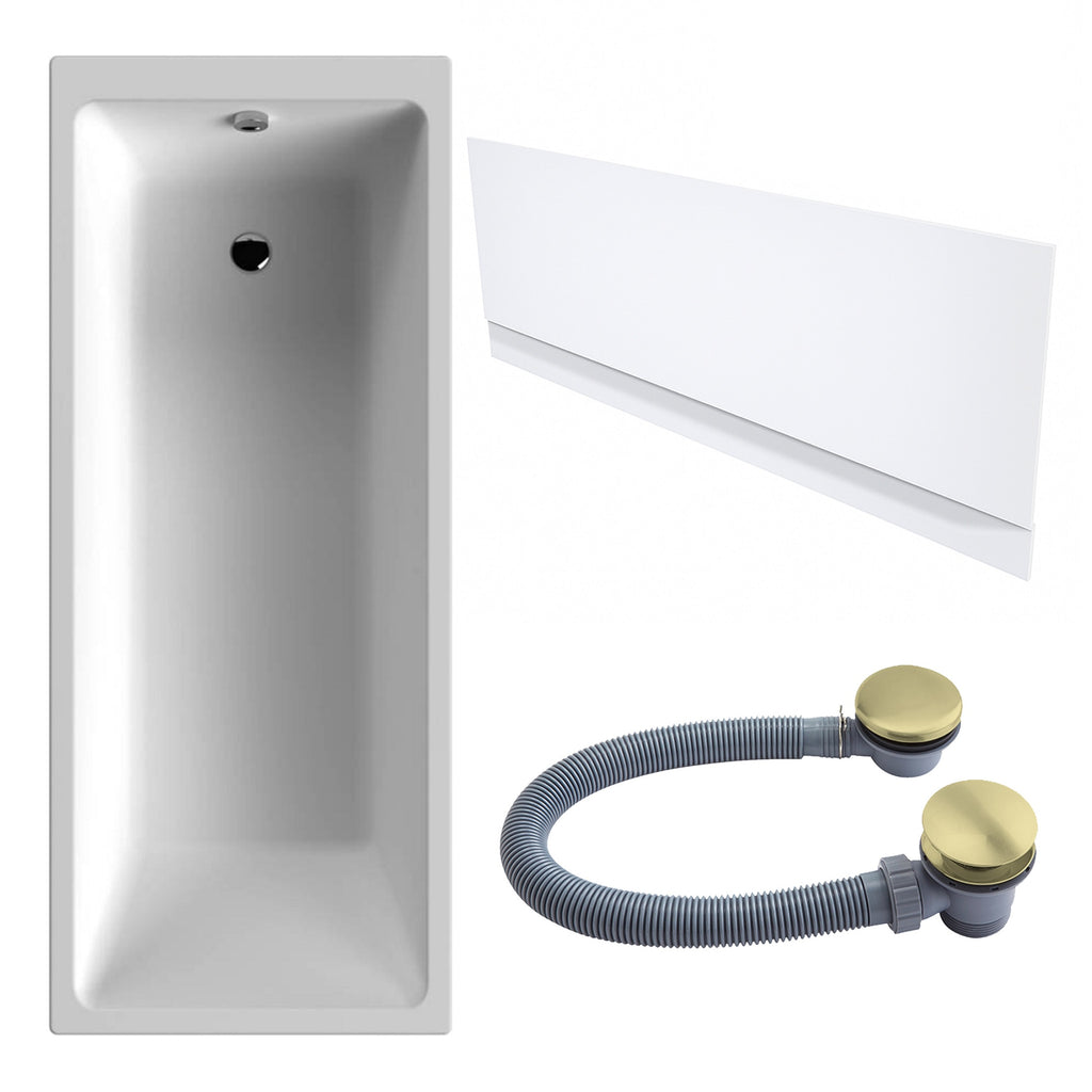 White Single-Ended Bath 1700 x 700 with Front Waterproof Panel and Brushed Brass Waste