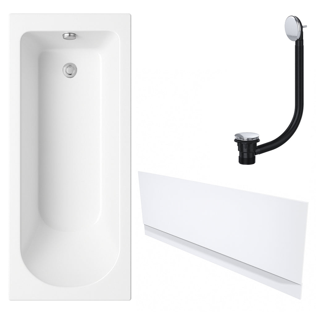 White Single-Ended Bath 1700 x 700 with Front Waterproof Panel and Chrome Waste