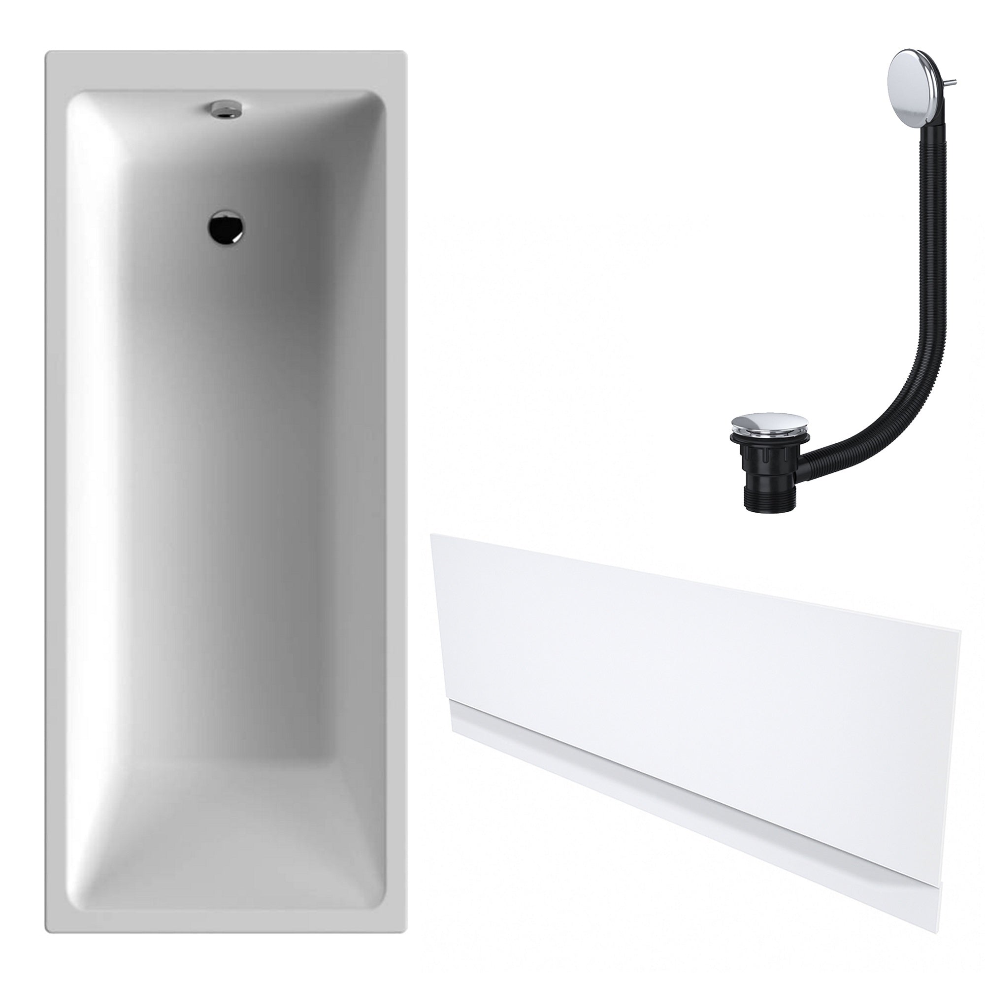 White Single-Ended Bath 1700 x 700 with Front Waterproof Panel and Chrome Waste