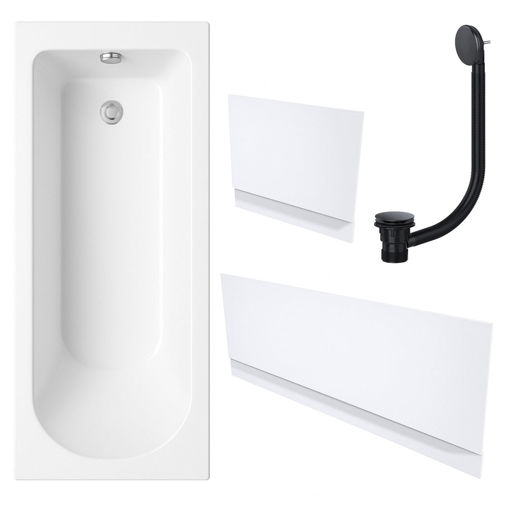 White Single-Ended Bath 1700 x 700 with Waterproof Panel Set and Matt Black Waste