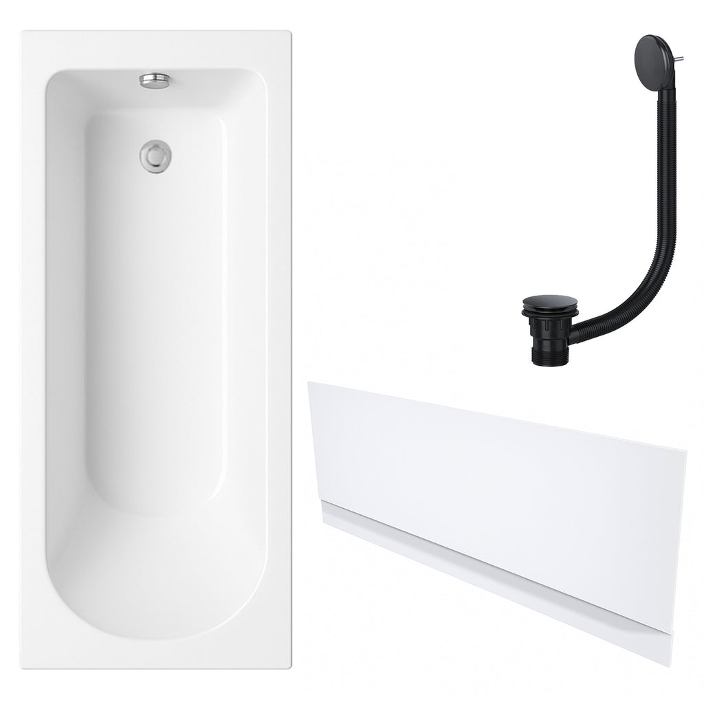 White Single-Ended Bath 1700 x 700 with Front Waterproof Panel and Matt Black Waste